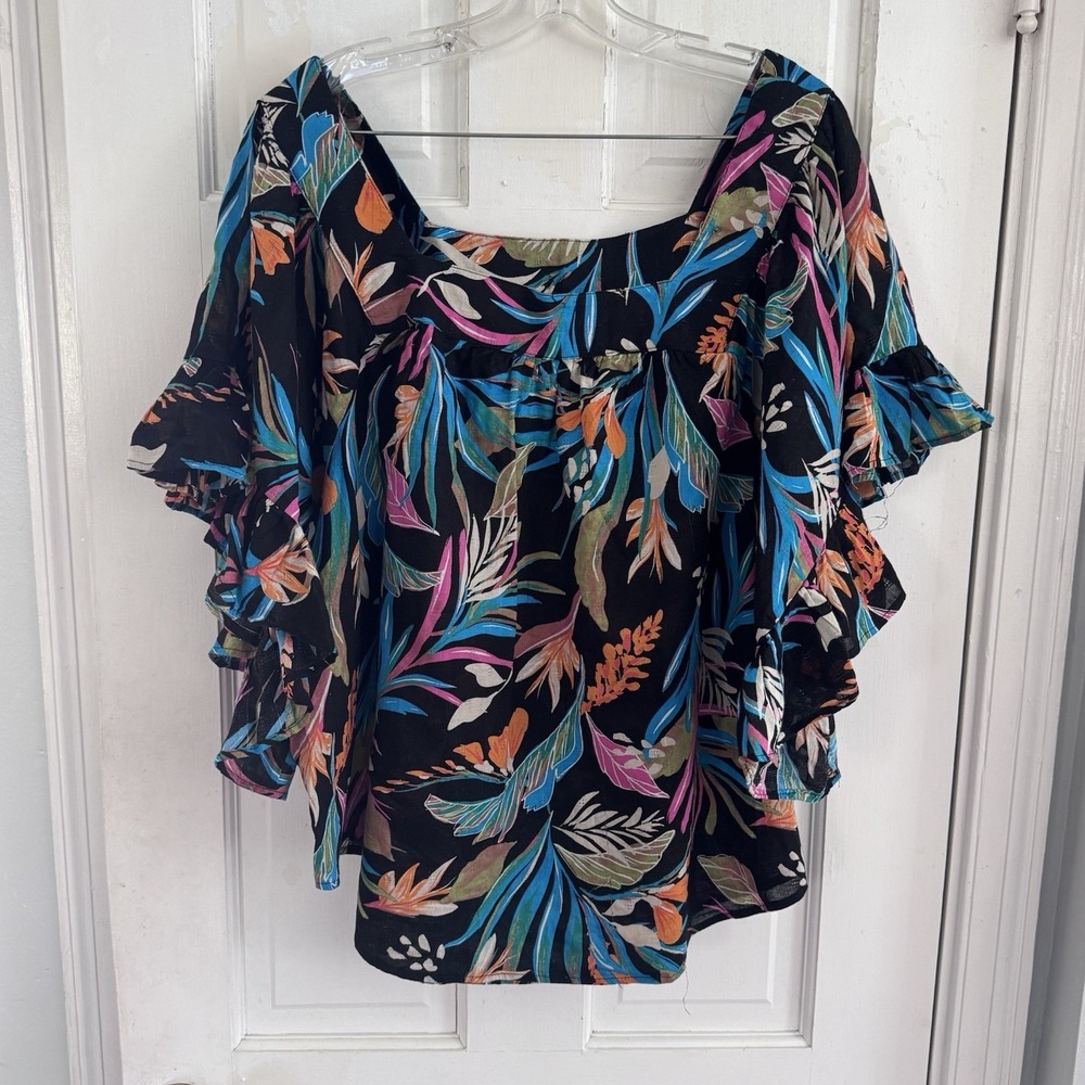 Terra Sky Tropical Floral Blouse 1X Flutter Sleeve Square Neck Boho Top